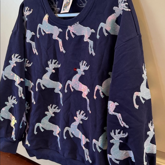 Queen of Sparkles Navy Sweatshirt with Sequin Reindeer and Rudolph New Listing - Picture 6 of 10
